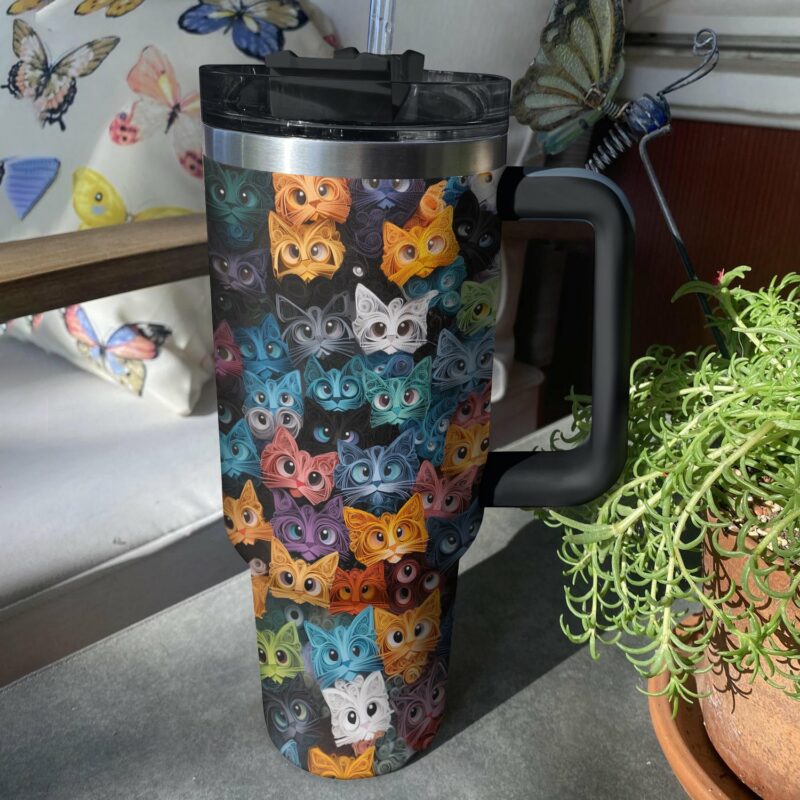 Cat Faces Custom Stanley Quencher 40oz Stainless Steel Tumbler With Handle - Threewoofs - Image 3