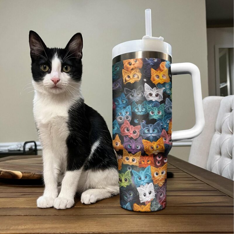 Cat Faces Custom Stanley Quencher 40oz Stainless Steel Tumbler With Handle - Threewoofs - Image 2