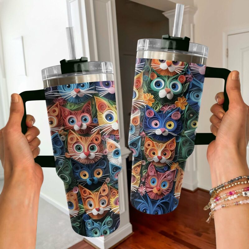 Cat Faces Krew Custom Stanley Quencher 40oz Stainless Steel Tumbler With Handle - Threewoofs - Image 2