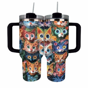 Cat Faces Krew Custom Stanley Quencher 40oz Stainless Steel Tumbler With Handle - Threewoofs
