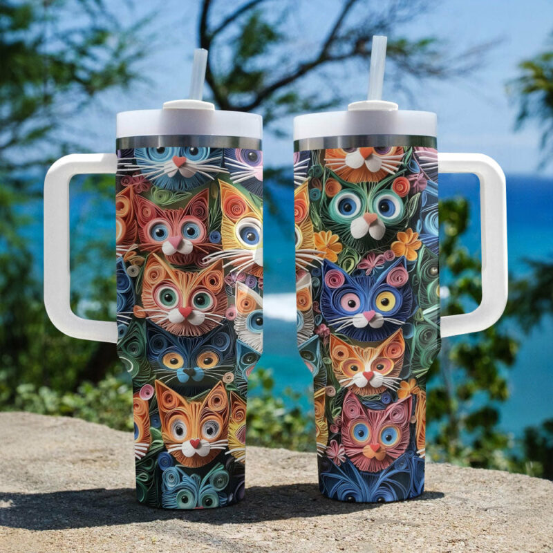 Cat Faces Krew Custom Stanley Quencher 40oz Stainless Steel Tumbler With Handle - Threewoofs - Image 3