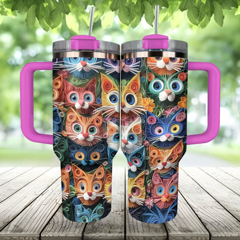 Cat Faces Krew Custom Stanley Quencher 40oz Stainless Steel Tumbler With Handle - Threewoofs - Image 4