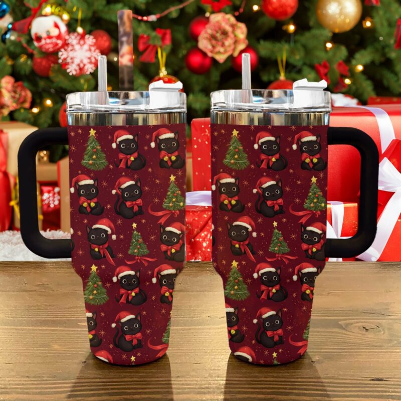 Cat Merry Christmas Custom Stanley Quencher 40oz Stainless Steel Tumbler With Handle - Threewoofs - Image 2