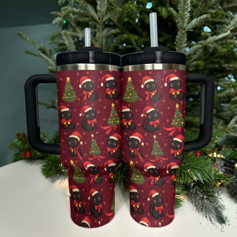 Cat Merry Christmas Custom Stanley Quencher 40oz Stainless Steel Tumbler With Handle - Threewoofs - Image 3