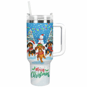 Cheerful Christmas Dachshund Custom Stanley Quencher 40oz Stainless Steel Tumbler With Handle - Threewoofs