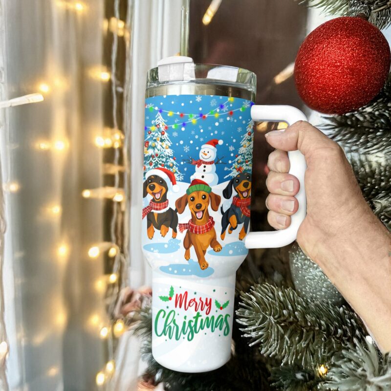 Cheerful Christmas Dachshund Custom Stanley Quencher 40oz Stainless Steel Tumbler With Handle - Threewoofs - Image 3