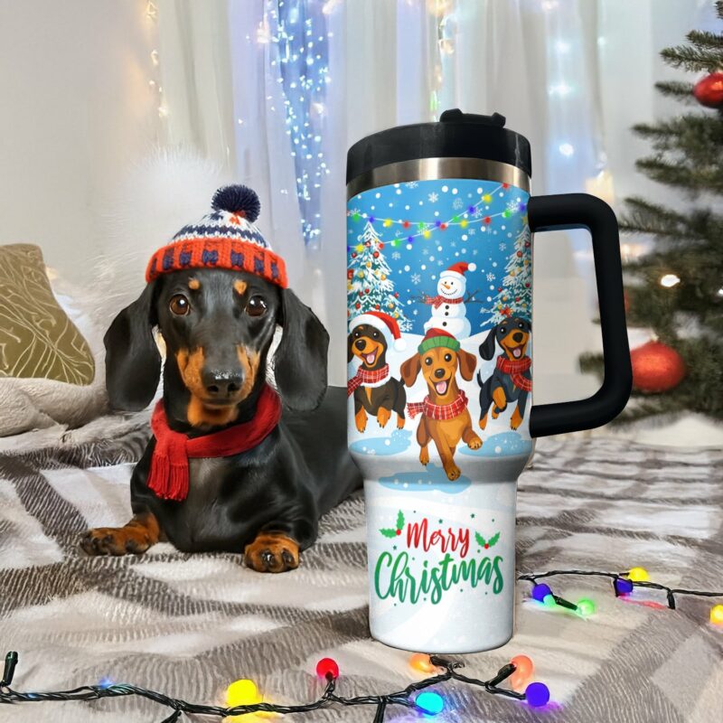 Cheerful Christmas Dachshund Custom Stanley Quencher 40oz Stainless Steel Tumbler With Handle - Threewoofs - Image 2