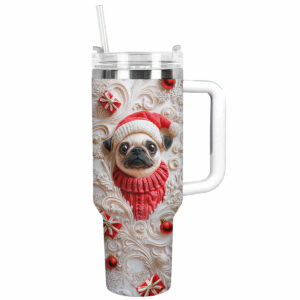 Cheerful Christmas Pug Custom Stanley Quencher 40oz Stainless Steel Tumbler With Handle - Threewoofs