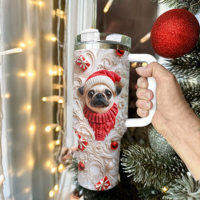 Cheerful Christmas Pug Custom Stanley Quencher 40oz Stainless Steel Tumbler With Handle - Threewoofs - Image 3