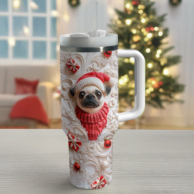 Cheerful Christmas Pug Custom Stanley Quencher 40oz Stainless Steel Tumbler With Handle - Threewoofs - Image 2