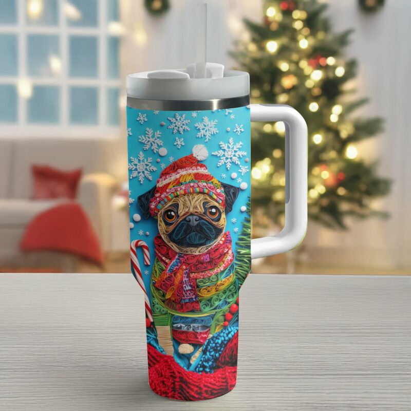 Cheerful Christmas Puggy Custom Stanley Quencher 40oz Stainless Steel Tumbler With Handle - Threewoofs - Image 2