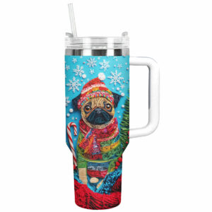 Cheerful Christmas Puggy Custom Stanley Quencher 40oz Stainless Steel Tumbler With Handle - Threewoofs