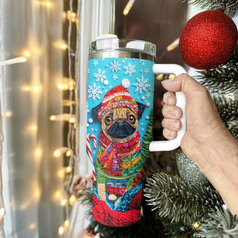 Cheerful Christmas Puggy Custom Stanley Quencher 40oz Stainless Steel Tumbler With Handle - Threewoofs - Image 3