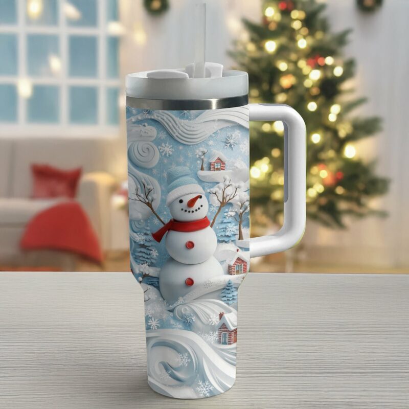 Cheerful Christmas Snowman Custom Stanley Quencher 40oz Stainless Steel Tumbler With Handle - Threewoofs - Image 2