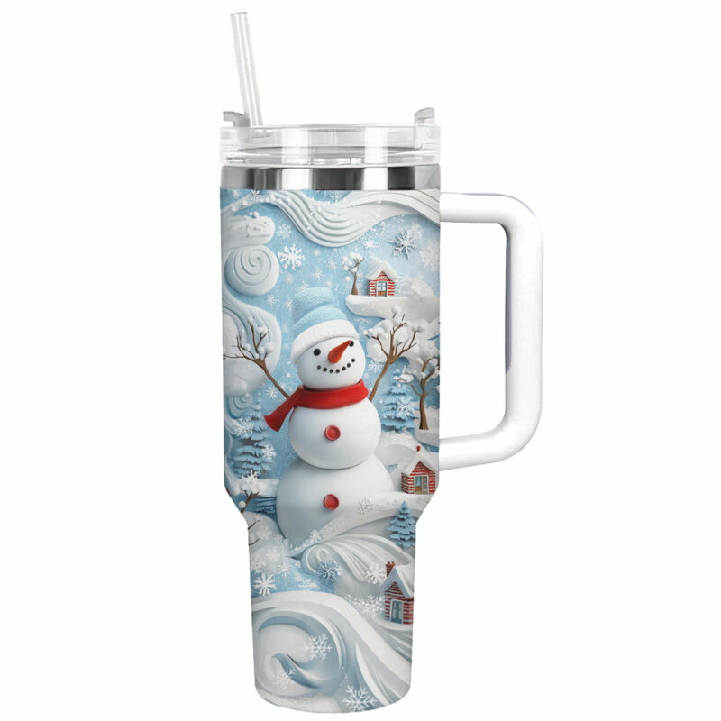 Cheerful Christmas Snowman Custom Stanley Quencher 40oz Stainless Steel Tumbler With Handle - Threewoofs
