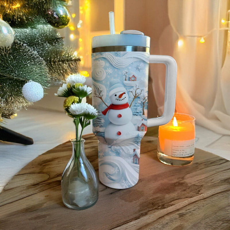Cheerful Christmas Snowman Custom Stanley Quencher 40oz Stainless Steel Tumbler With Handle - Threewoofs - Image 3