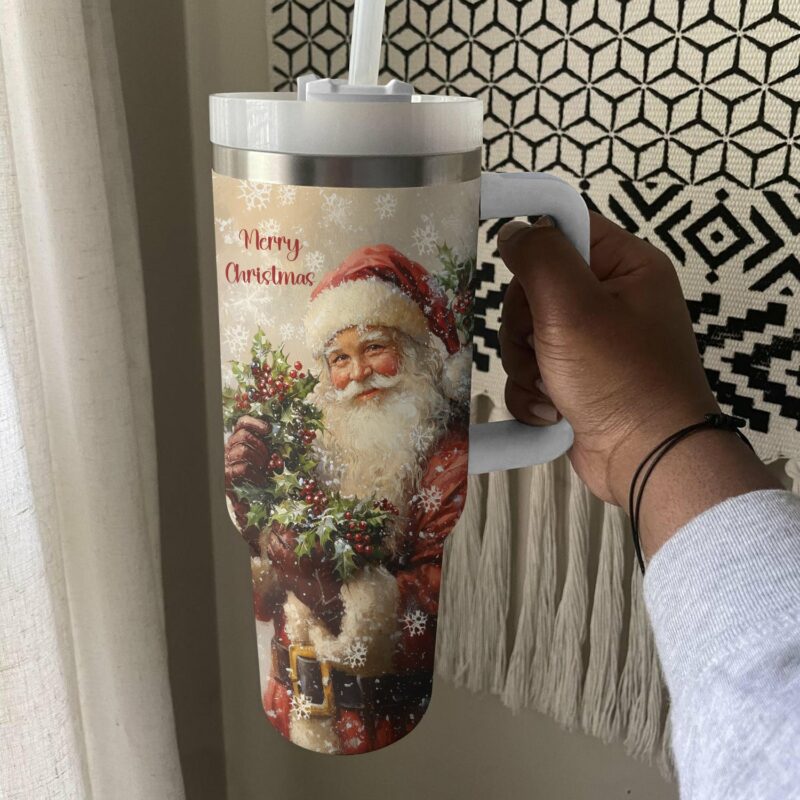 Cheerful Santa Claus Christmas Custom Stanley Quencher 40oz Stainless Steel Tumbler With Handle - Threewoofs - Image 3
