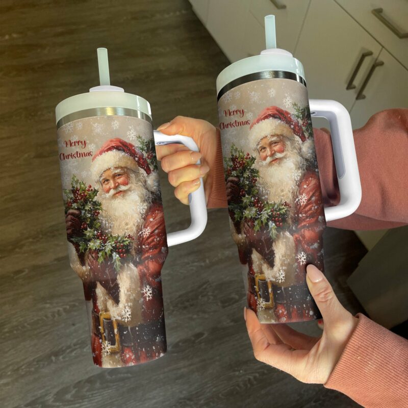 Cheerful Santa Claus Christmas Custom Stanley Quencher 40oz Stainless Steel Tumbler With Handle - Threewoofs - Image 2