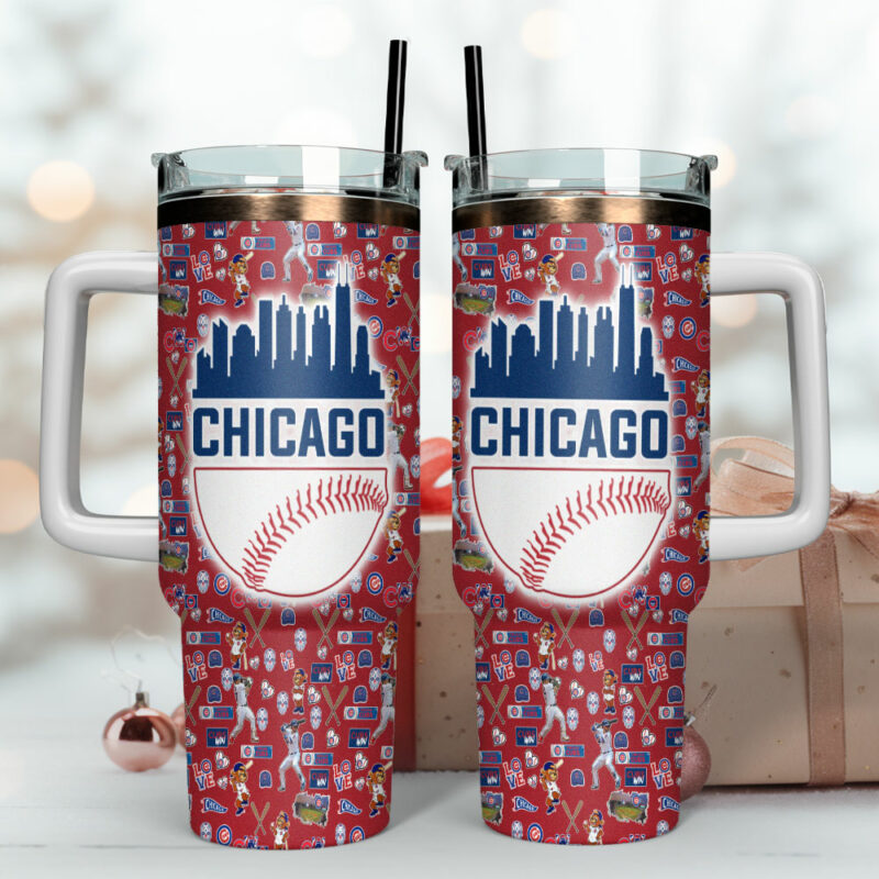 Chicago Cubs MLB Custom Stanley Quencher 40oz Stainless Steel Tumbler With Handle - Threewoofs - Image 4