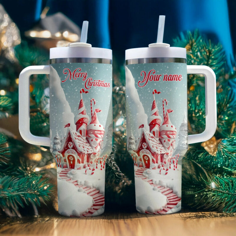 Christmas Candy Cane Castle Custom Stanley Quencher 40oz Stainless Steel Tumbler With Handle - Threewoofs - Image 2