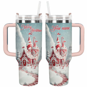 Christmas Candy Cane Castle Custom Stanley Quencher 40oz Stainless Steel Tumbler With Handle - Threewoofs