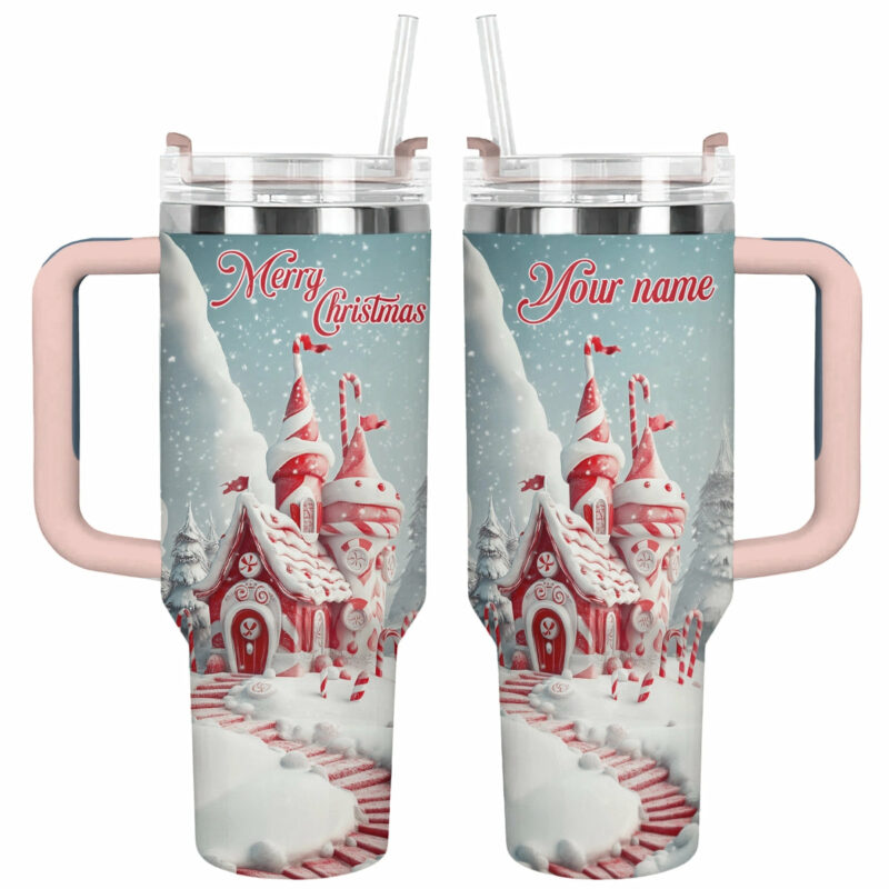 Christmas Candy Cane Castle Custom Stanley Quencher 40oz Stainless Steel Tumbler With Handle - Threewoofs