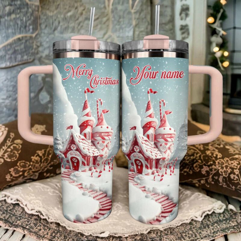 Christmas Candy Cane Castle Custom Stanley Quencher 40oz Stainless Steel Tumbler With Handle - Threewoofs - Image 3