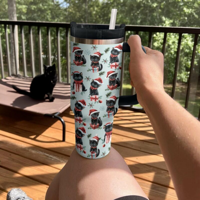 Christmas Cat Cheer Custom Stanley Quencher 40oz Stainless Steel Tumbler With Handle - Threewoofs - Image 3