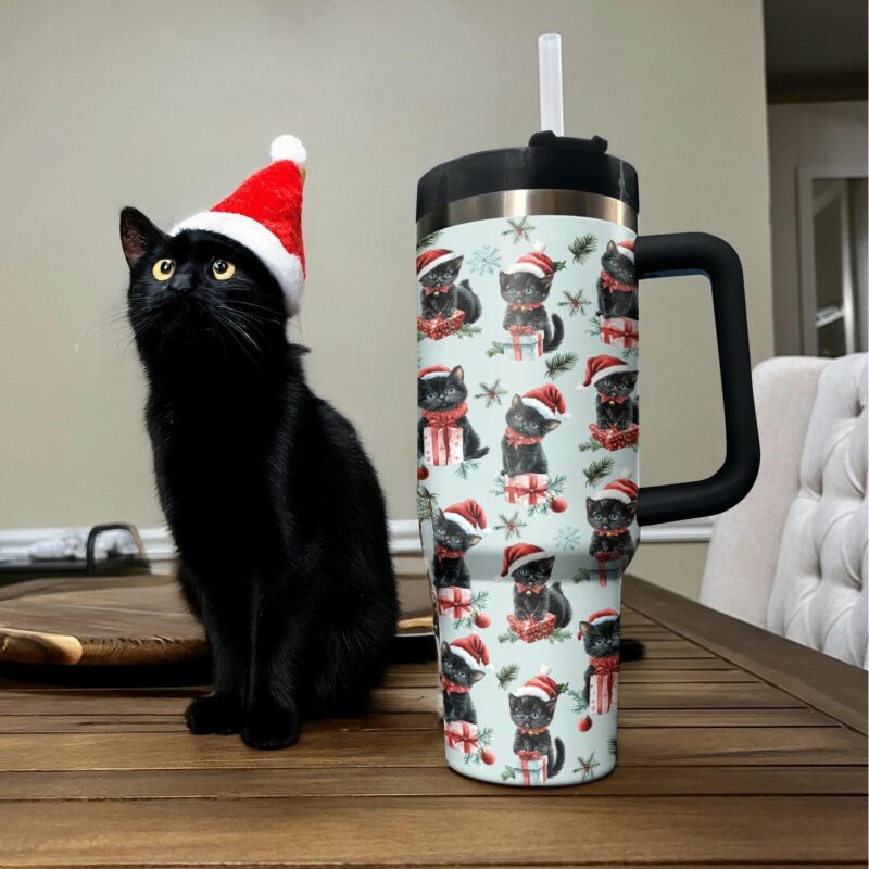 Christmas Cat Cheer Custom Stanley Quencher 40oz Stainless Steel Tumbler With Handle - Threewoofs - Image 2
