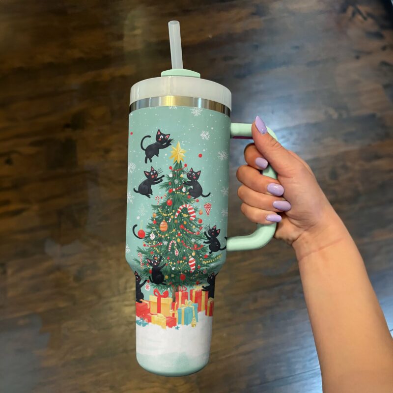 Christmas Cat Mischief Custom Stanley Quencher 40oz Stainless Steel Tumbler With Handle - Threewoofs - Image 3