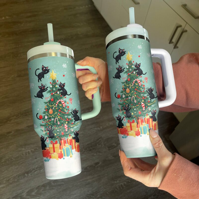 Christmas Cat Mischief Custom Stanley Quencher 40oz Stainless Steel Tumbler With Handle - Threewoofs - Image 2