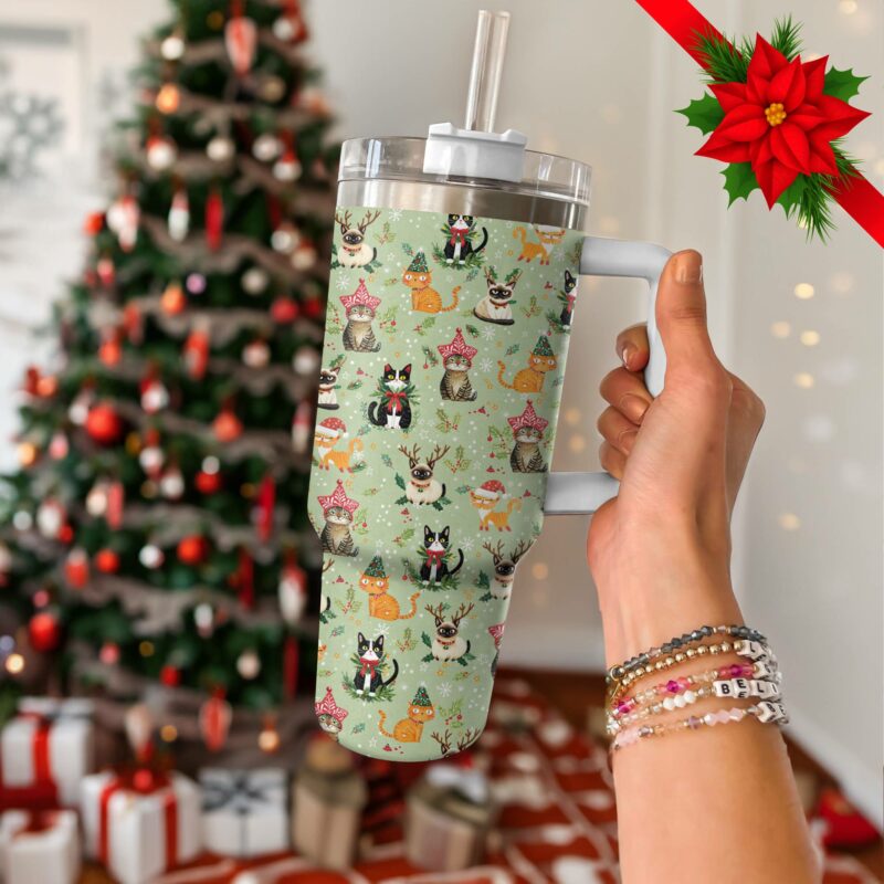 Christmas Cats Custom Stanley Quencher 40oz Stainless Steel Tumbler With Handle - Threewoofs - Image 3