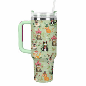 Christmas Cats Custom Stanley Quencher 40oz Stainless Steel Tumbler With Handle - Threewoofs