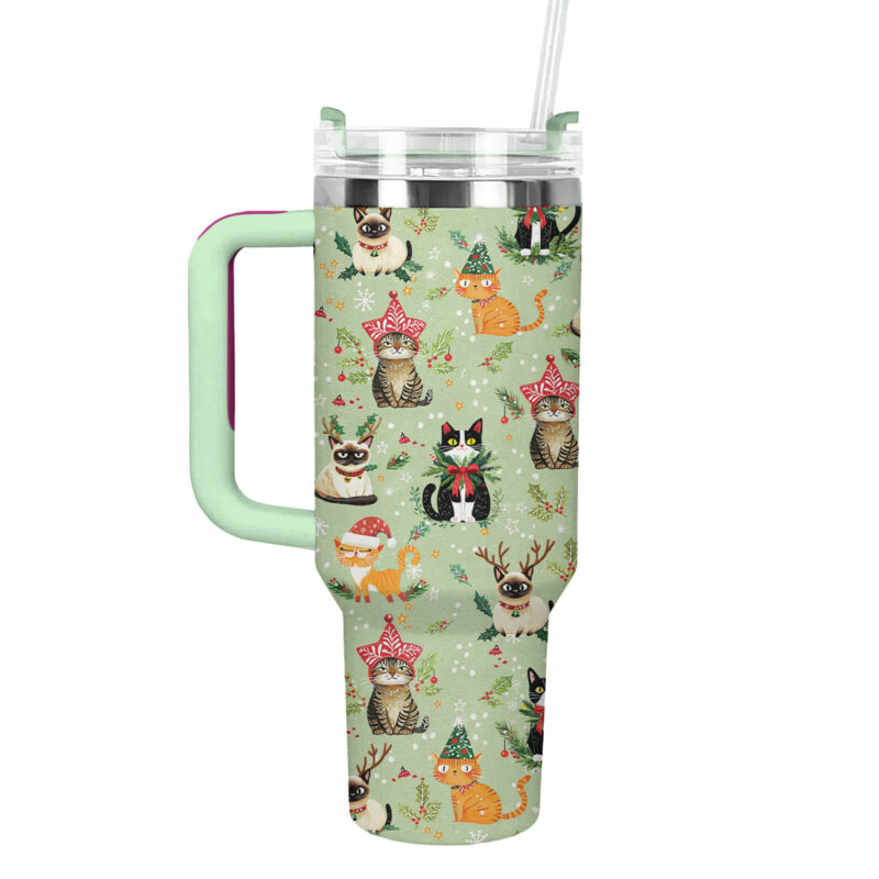 Christmas Cats Custom Stanley Quencher 40oz Stainless Steel Tumbler With Handle - Threewoofs