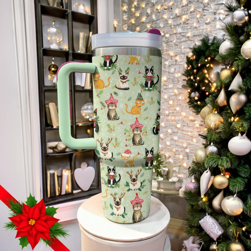 Christmas Cats Custom Stanley Quencher 40oz Stainless Steel Tumbler With Handle - Threewoofs - Image 2