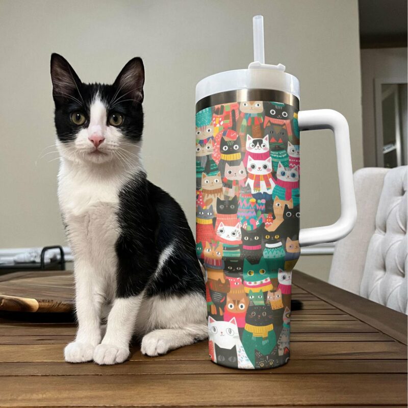 Christmas Cozy Cats Custom Stanley Quencher 40oz Stainless Steel Tumbler With Handle - Threewoofs - Image 2