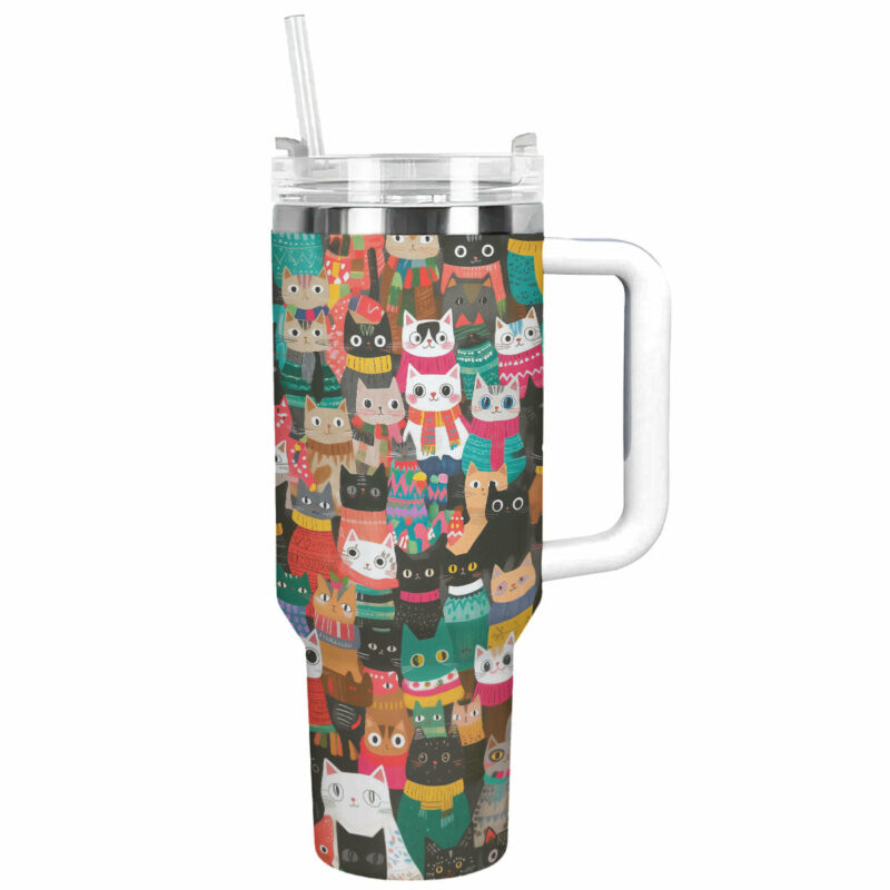 Christmas Cozy Cats Custom Stanley Quencher 40oz Stainless Steel Tumbler With Handle - Threewoofs