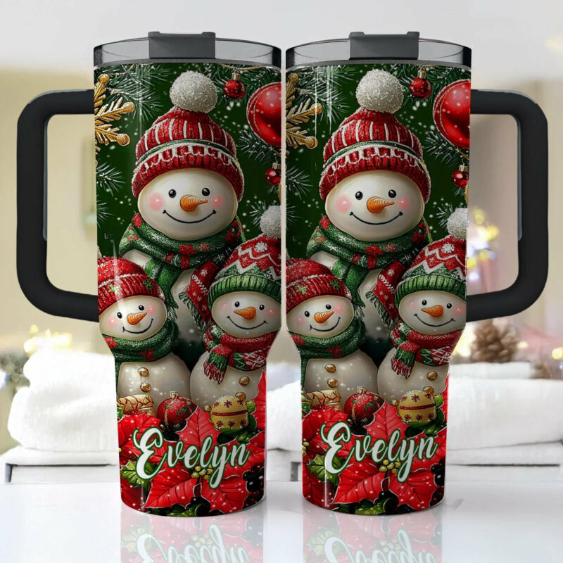 Christmas Cozy Snowman Custom Stanley Quencher 40oz Stainless Steel Tumbler With Handle - Threewoofs - Image 2