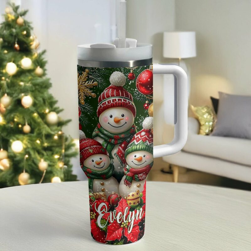 Christmas Cozy Snowman Custom Stanley Quencher 40oz Stainless Steel Tumbler With Handle - Threewoofs - Image 3