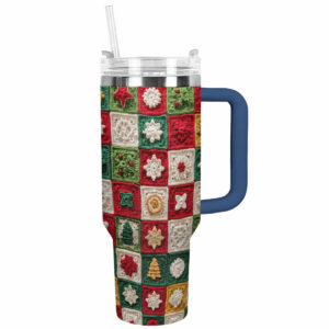 Christmas Crochet Granny Square Custom Stanley Quencher 40oz Stainless Steel Tumbler With Handle - Threewoofs