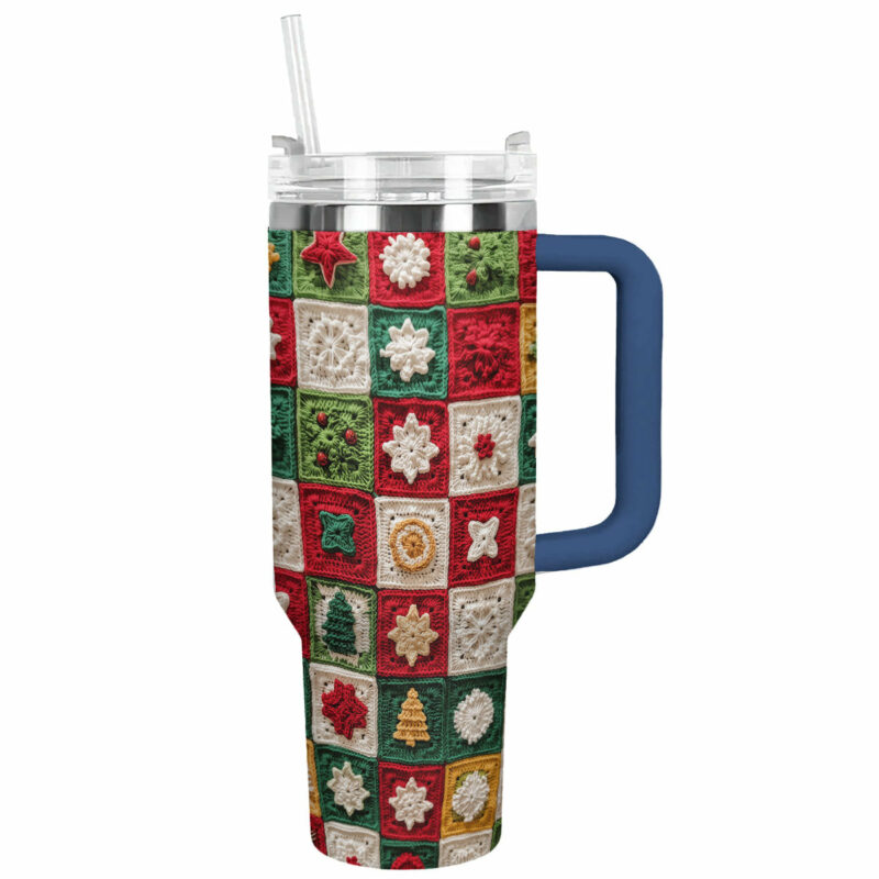 Christmas Crochet Granny Square Custom Stanley Quencher 40oz Stainless Steel Tumbler With Handle - Threewoofs