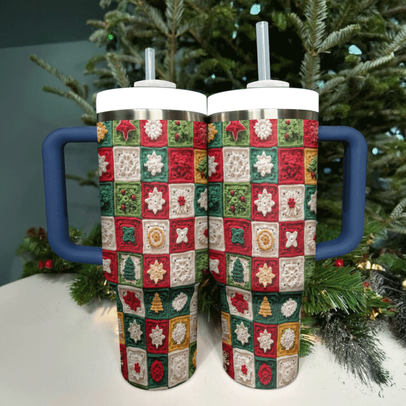 Christmas Crochet Granny Square Custom Stanley Quencher 40oz Stainless Steel Tumbler With Handle - Threewoofs - Image 2