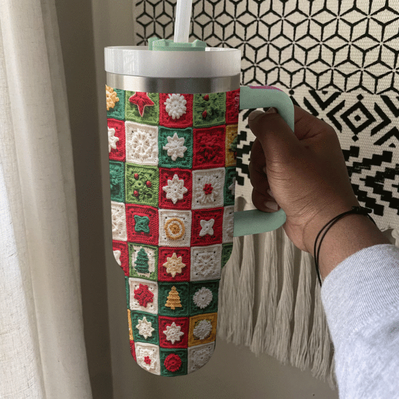 Christmas Crochet Granny Square Custom Stanley Quencher 40oz Stainless Steel Tumbler With Handle - Threewoofs - Image 3