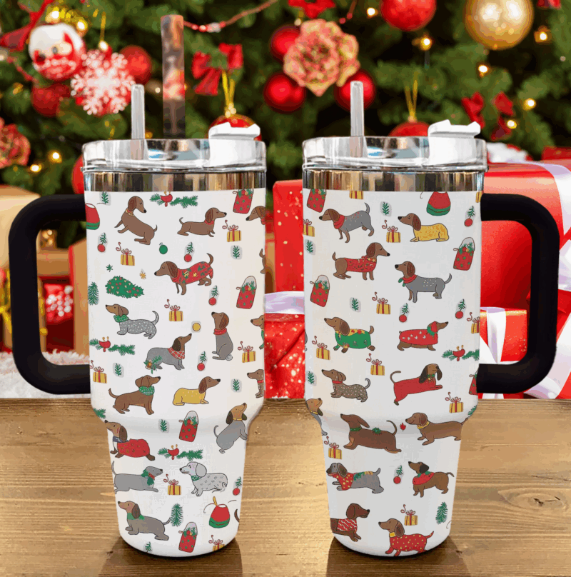 Christmas Dachshund Cheer Custom Stanley Quencher 40oz Stainless Steel Tumbler With Handle - Threewoofs - Image 2