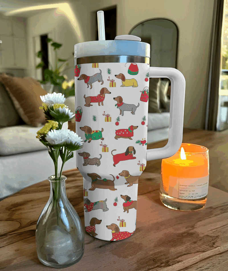 Christmas Dachshund Cheer Custom Stanley Quencher 40oz Stainless Steel Tumbler With Handle - Threewoofs - Image 3