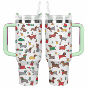 Christmas Dachshund Cheer Custom Stanley Quencher 40oz Stainless Steel Tumbler With Handle - Threewoofs