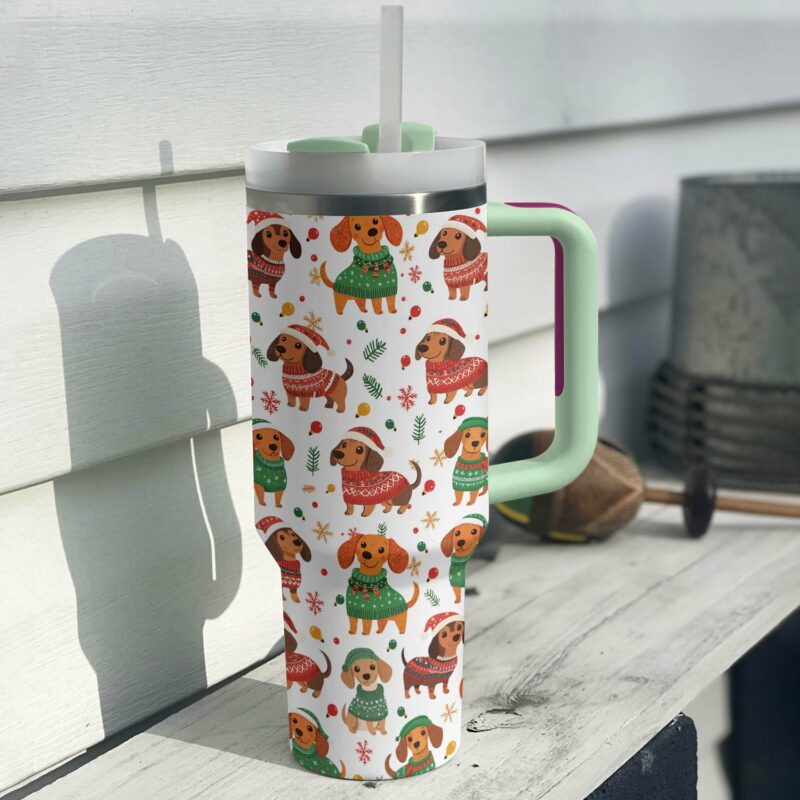Christmas Dachshund Custom Stanley Quencher 40oz Stainless Steel Tumbler With Handle - Threewoofs - Image 3