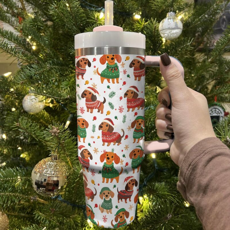 Christmas Dachshund Custom Stanley Quencher 40oz Stainless Steel Tumbler With Handle - Threewoofs - Image 2