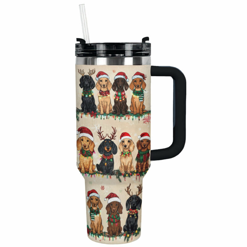 Christmas Dachshund Party Custom Stanley Quencher 40oz Stainless Steel Tumbler With Handle - Threewoofs