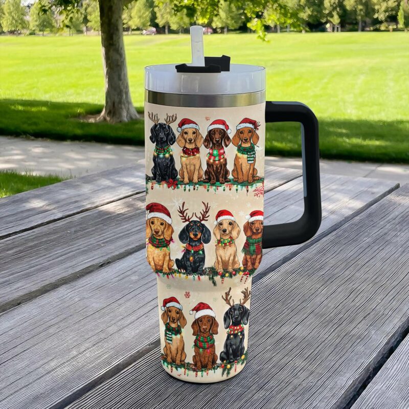 Christmas Dachshund Party Custom Stanley Quencher 40oz Stainless Steel Tumbler With Handle - Threewoofs - Image 2